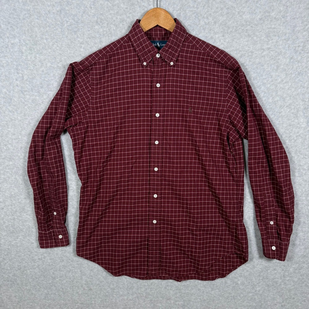 Polo Ralph Lauren Mens Classic Fit Burgundy Windowpane Check Cotton Shirt Medium